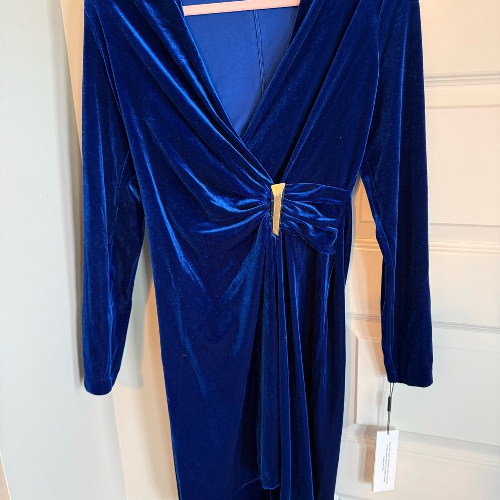 Calvin Klein Royal Blue Velvet Long Sleeve Dress with Gold Accent